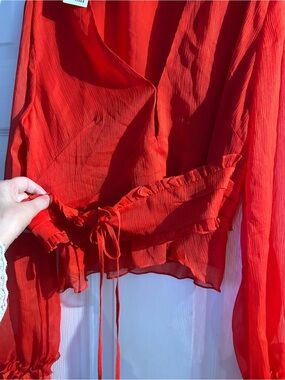 Urban Outfitters Red Sheer Ruffle Wrap Blouse